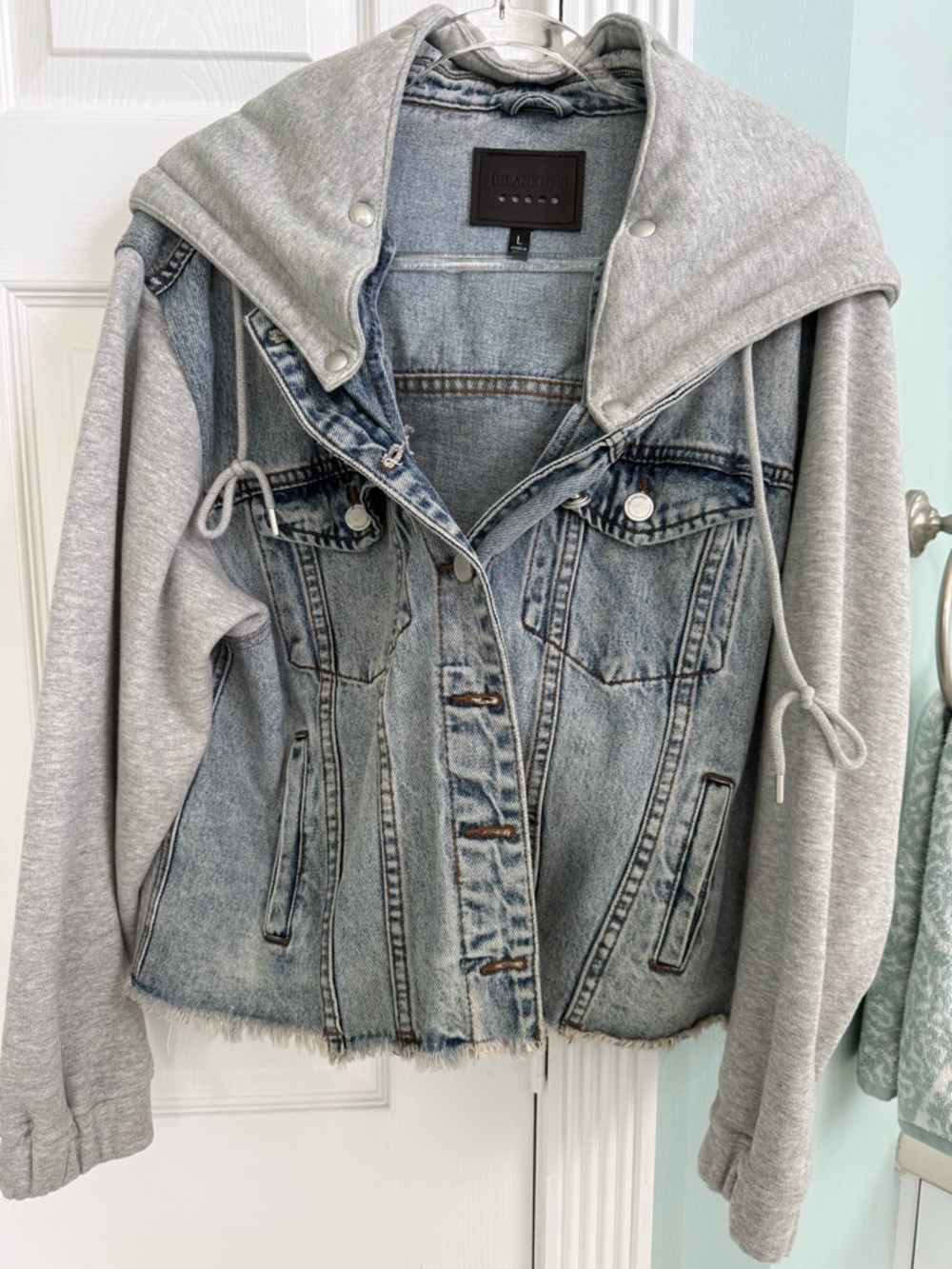 Blank NYC Gray Hooded Denim-Panel Jean Jacket